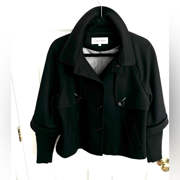 CALVIN KLEIN A LINE SHORT WOOL BLACK FOUR BUTTON LINED STREET CASUAL JACKET SZ 6 - Picture 1 of 10